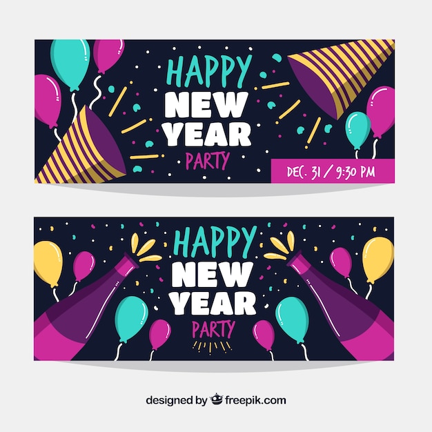 Colorful hand drawn new year 2018 party banners