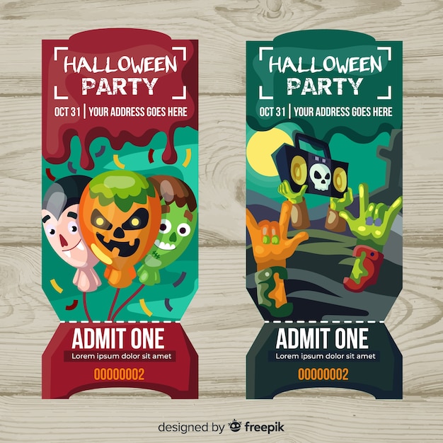 Free vector colorful hand drawn set of halloween party tickets