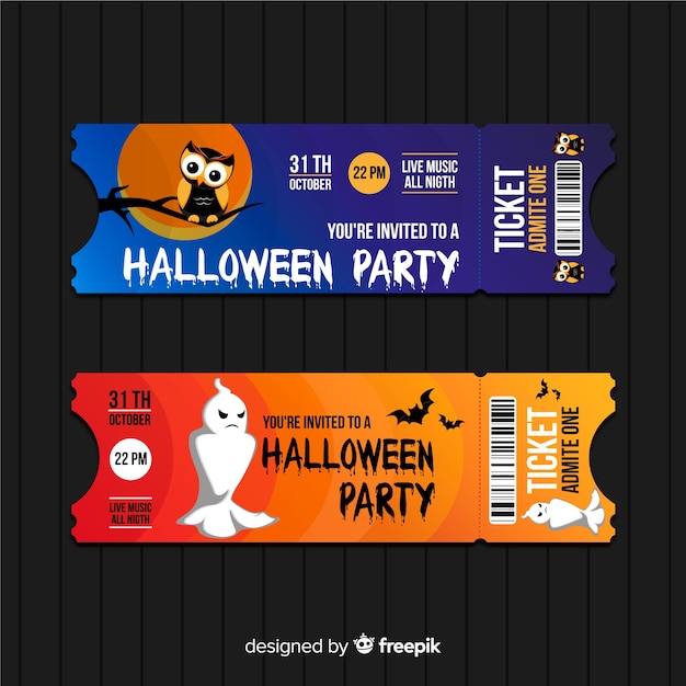 Free vector colorful hand drawn set of halloween party tickets