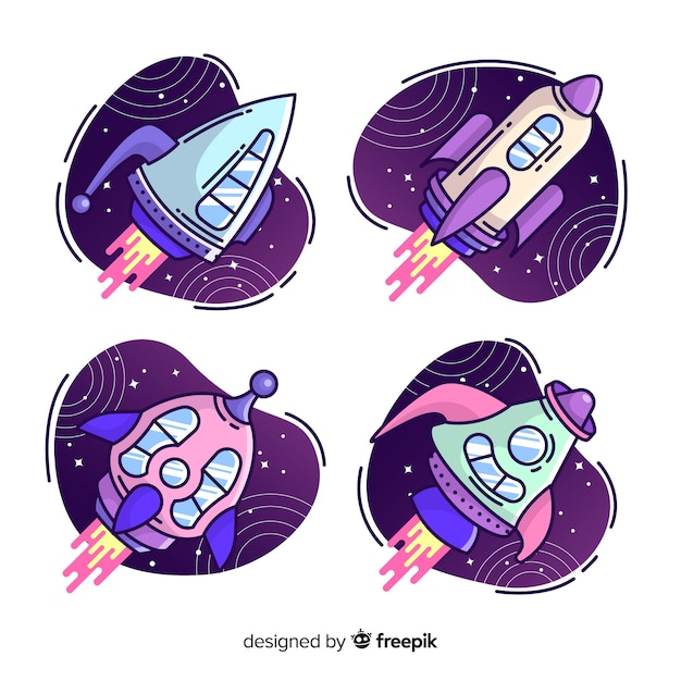 Free Vector colorful hand drawn spaceship collection