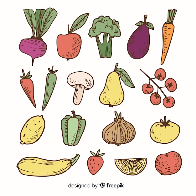 Colorful hand drawn  vegetables and fruits pack