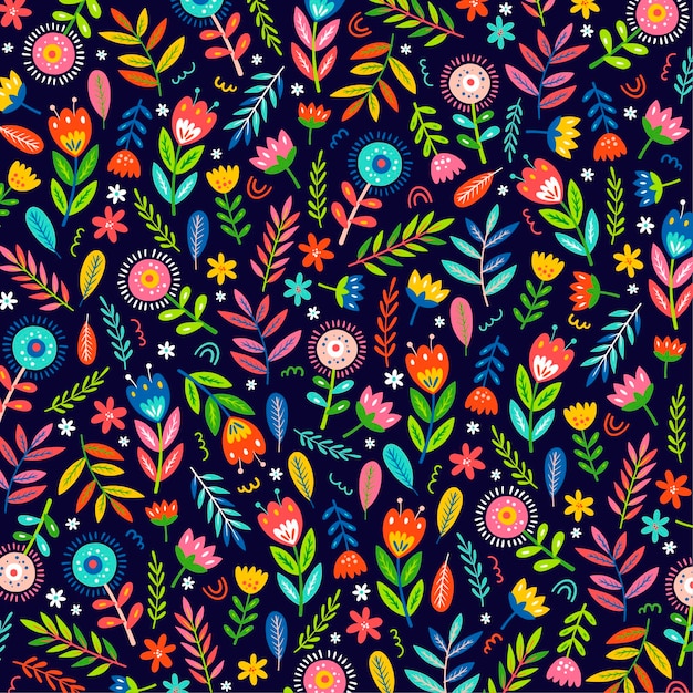 Colorful hand painted exotic flowers and leaves pattern