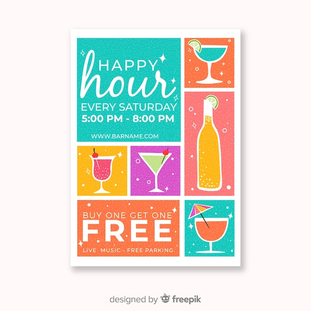 Free Vector colorful happy hour poster with cocktails