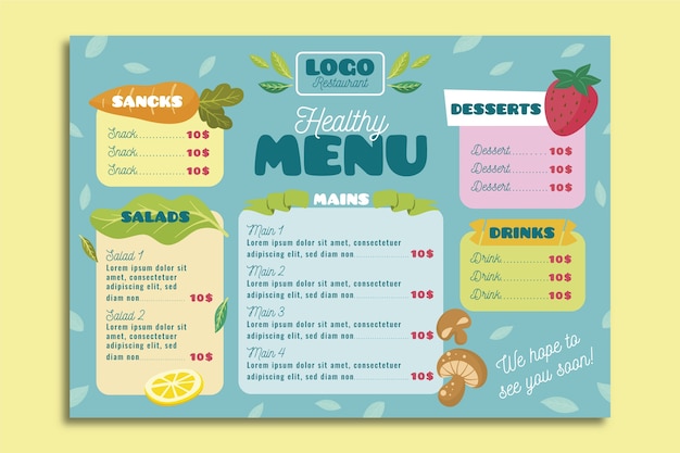 Colorful healthy food restaurant menu template