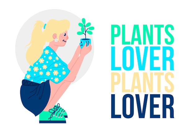 colorful illustration of plant lover blonde girl