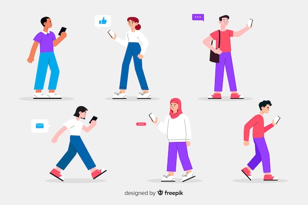 Colorful illustration with people holding smartphones