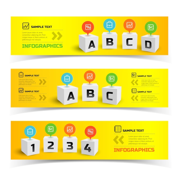 Free Vector colorful infographic horizontal banners with 3d squares