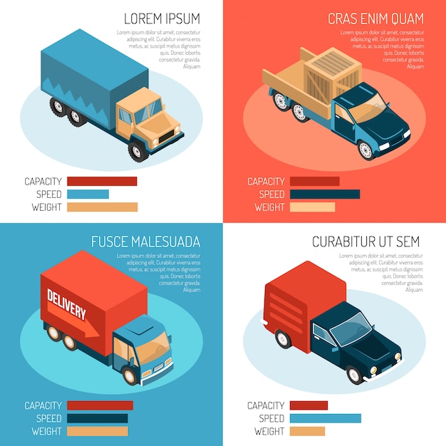 Free Vector colorful isometric 2x2 templates with different delivery vehicles their capacity speed and weight 3d