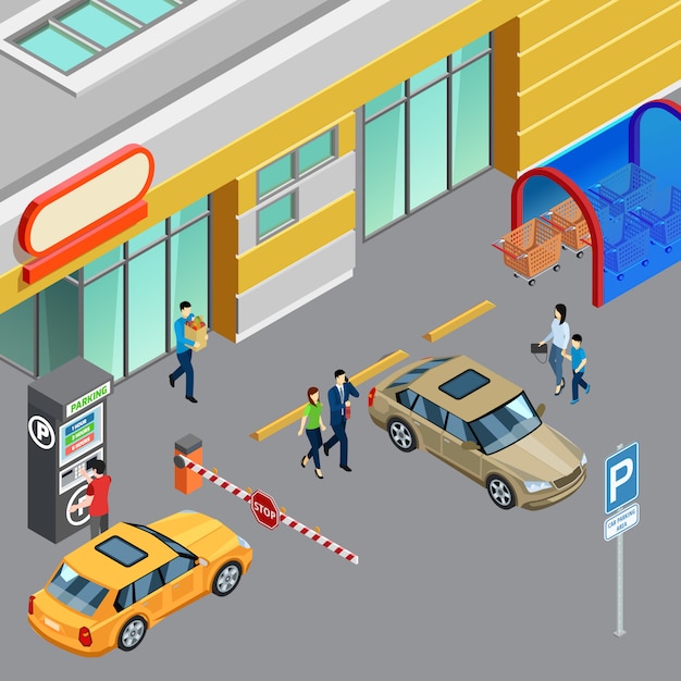 Free vector colorful isometric composition with vending machine on parking zone near shopping center 3d vector illustration