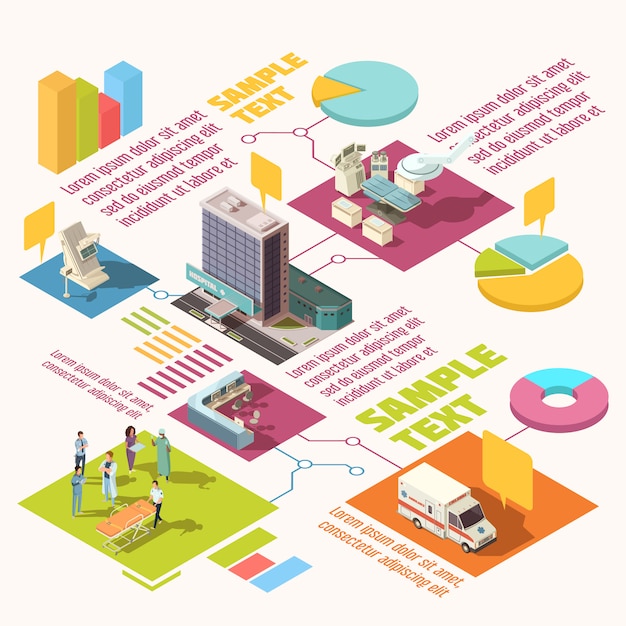 Free Vector colorful isometric hospital infographics with sample text 