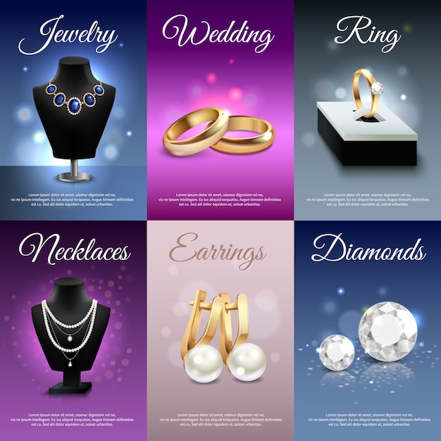 Free Vector colorful jewelry realistic banners with necklaces rings earrings diamonds 