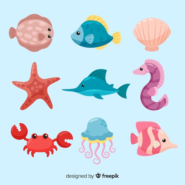 Colorful kawaii sea animals collection