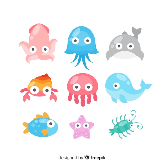 Colorful kawaii sea animals collection