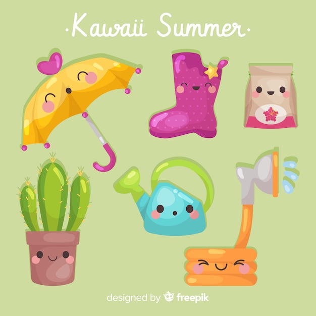 Colorful kawaii summer elements collection