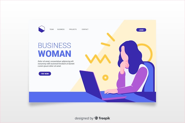 Colorful landing page with business woman illustration