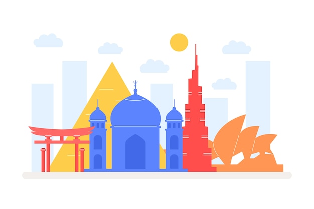 Colorful landmarks skyline with buildings