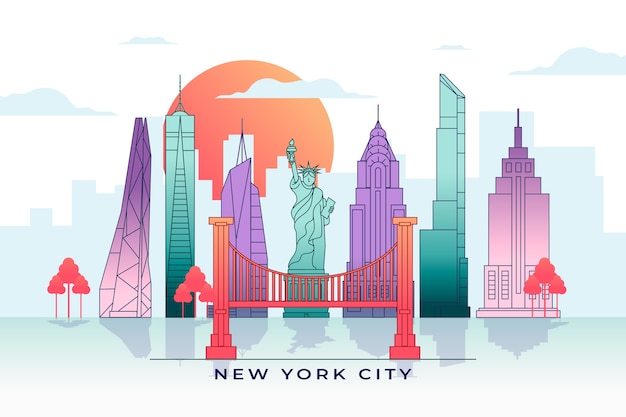 Colorful landmarks skyline with famous structures