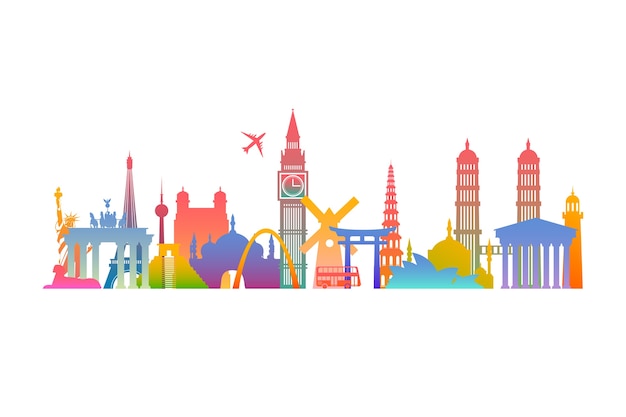 Colorful landmarks skyline