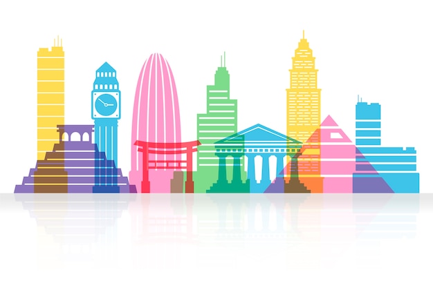 Colorful landmarks skyline