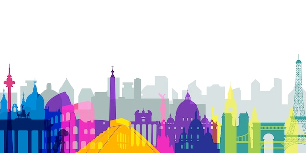 Colorful landmarks skyline