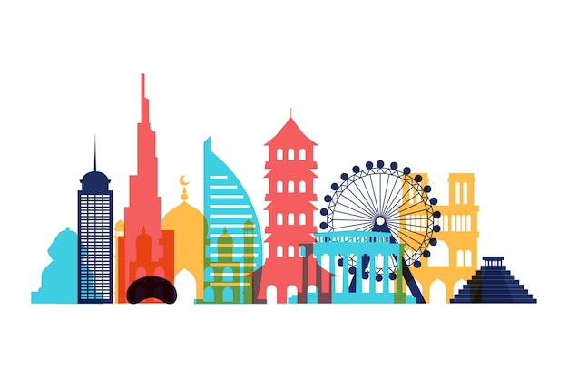 Colorful landmarks skyline