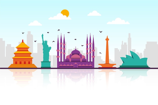 Colorful landmarks skyline