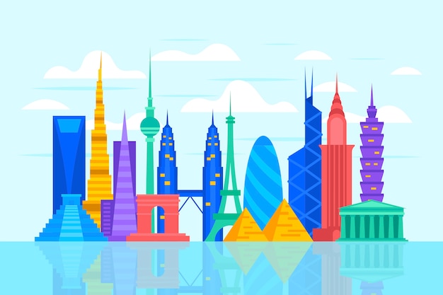 Colorful landmarks skyline