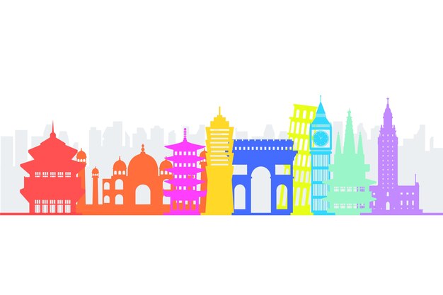 Colorful landmarks skyline