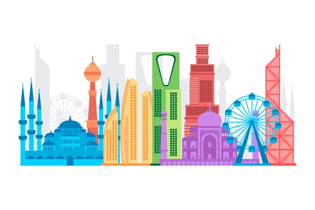 Colorful landmarks skyline