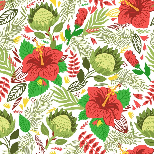 Colorful leaves and exotic flowers pattern