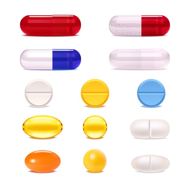 Colorful medicine pills and capsules set