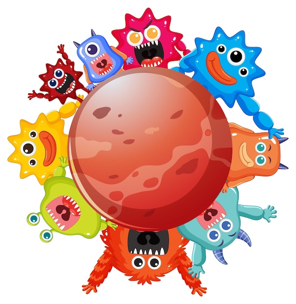 Free vector colorful monsters around a planet