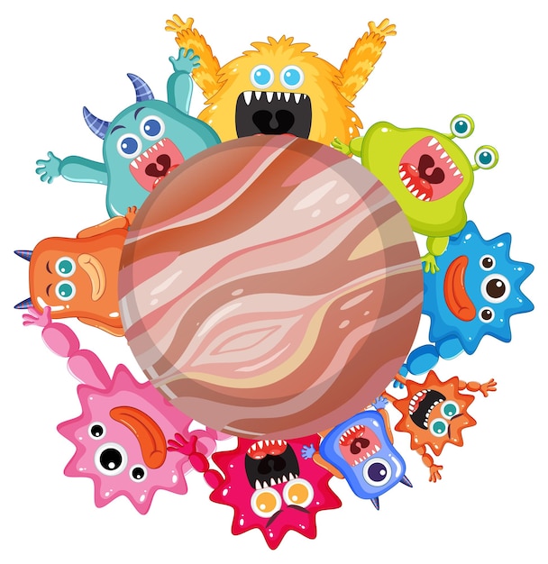 Free Vector colorful monsters around a planet