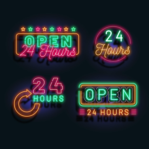 Colorful neon open 24 hours signs