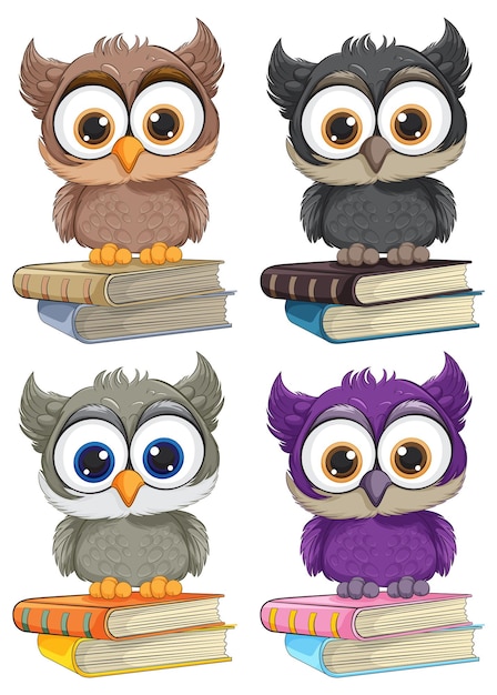 Colorful Owls on Books Illustration