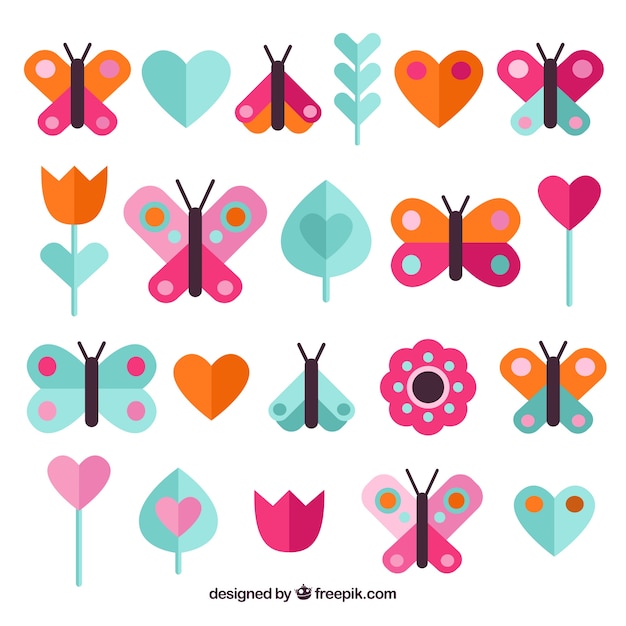 Free Vector colorful pack of butterflies and plants in flat design