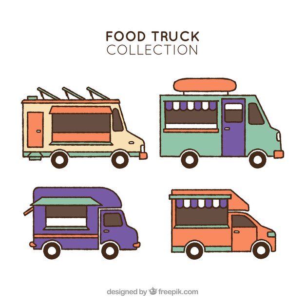 Colorful pack of hand drawn food trucks