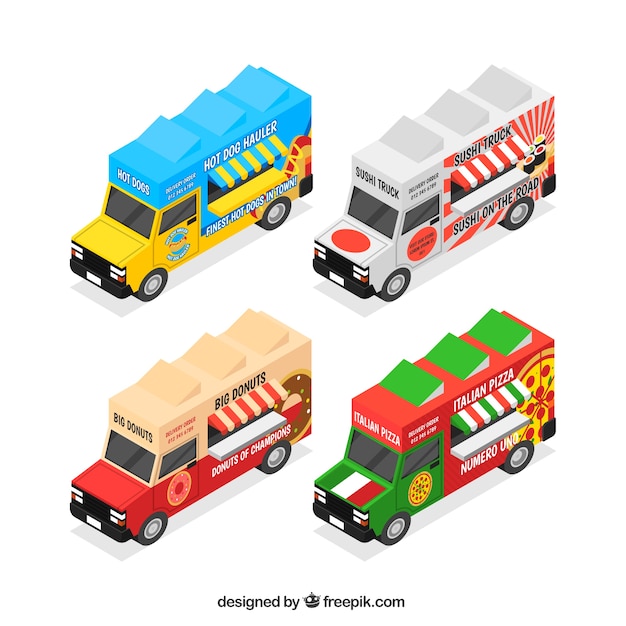 Colorful pack of isometric food trucks