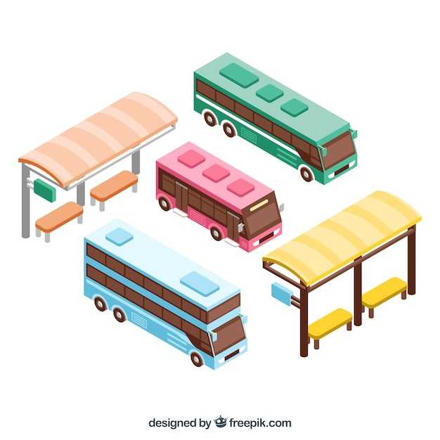 Colorful pack of isometric views of bus and bus stop