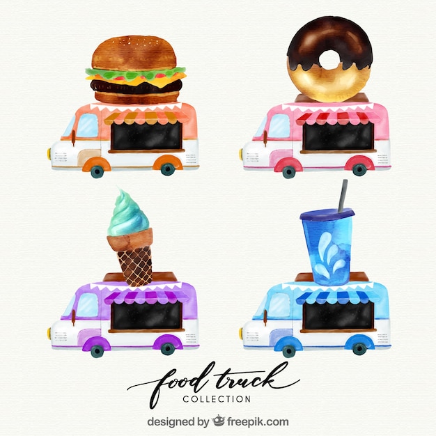 Free Vector colorful pack of watercolor food trucks