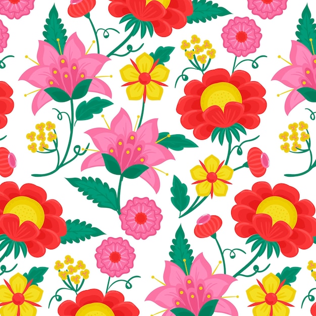 Colorful painted exotic leaves and flowers pattern