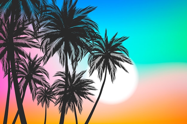 Colorful palm silhouettes background