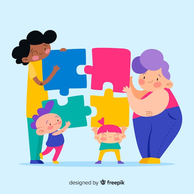 Colorful people connecting puzzle pieces background