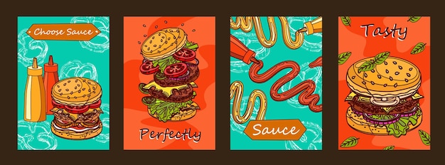 Free Vector colorful posters design with burger and sauce.