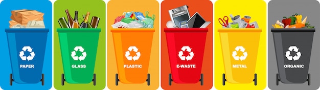 Free Vector colorful recycle bins with recycle symbol isolated on color background