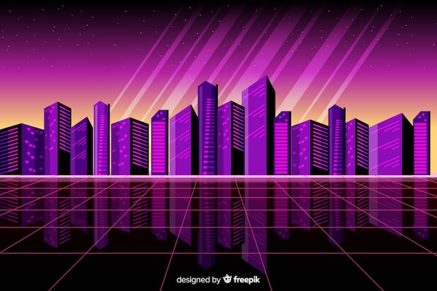 Free Vector colorful retro futuristic landscape background