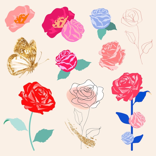 Colorful roses floral sticker  set