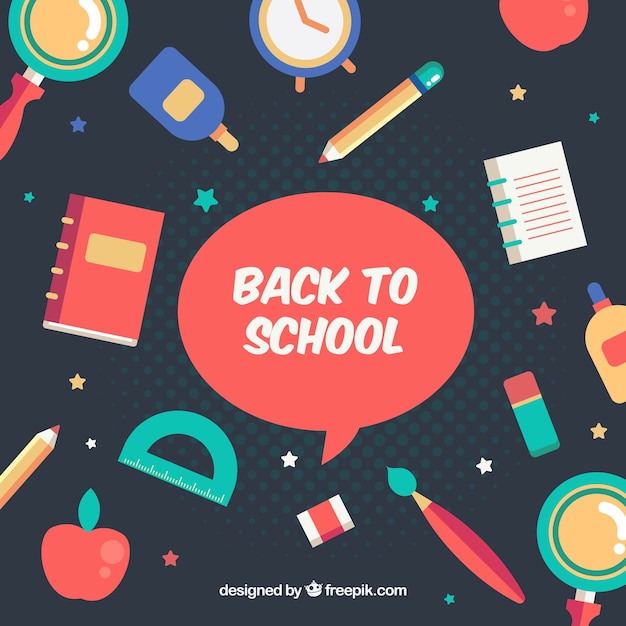 Colorful school materials and talking bubble with flat design