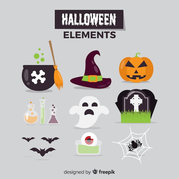 Colorful set of halloween elements with flat design