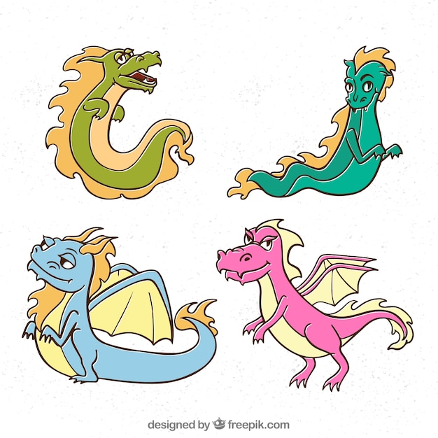 Free Vector colorful set of hand drawn dragon characters